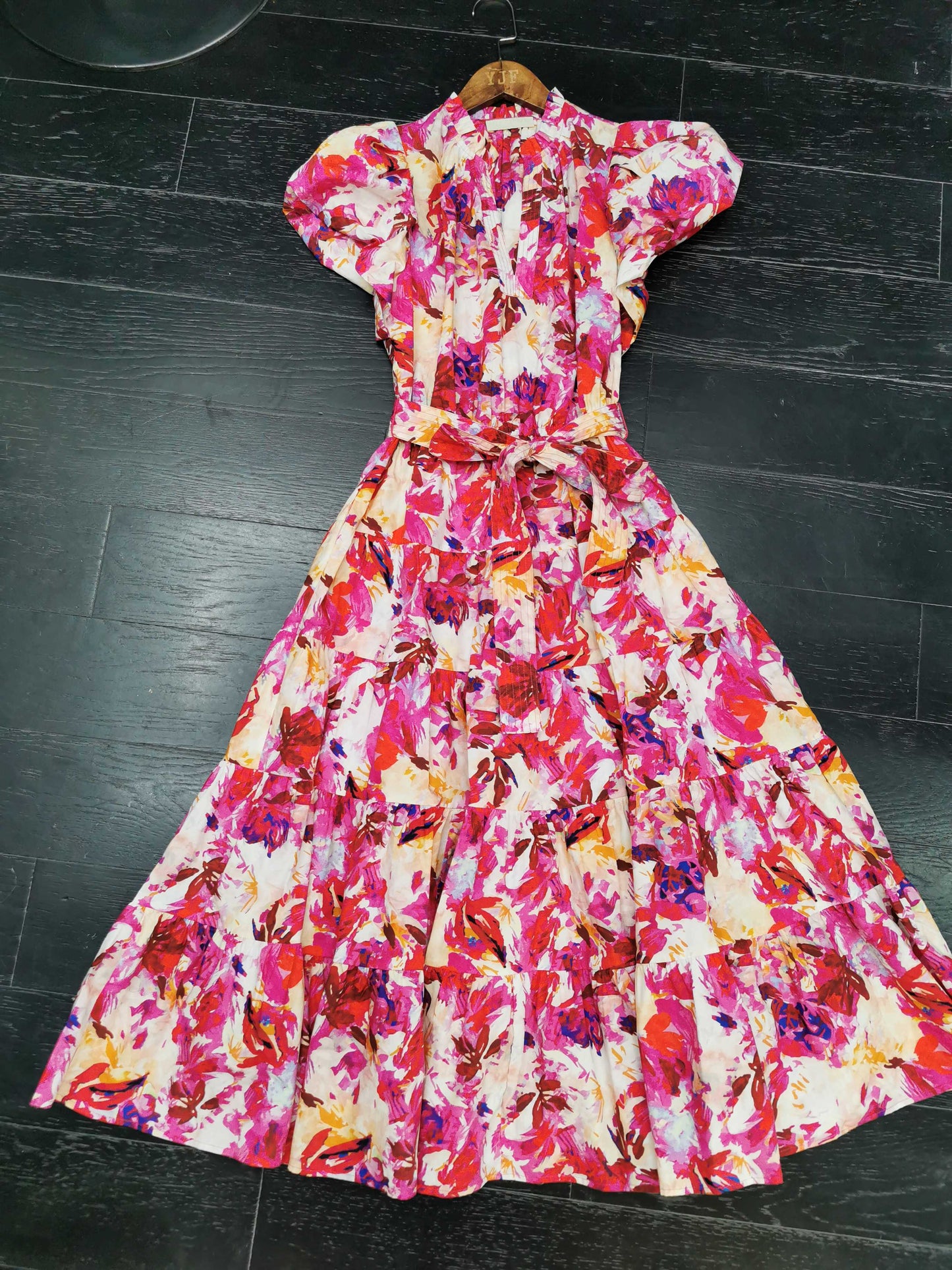 Ulla Johnson Midi Sleeve Short Puff Sleeve Pink Floral Print V-neck Holiday Style belted 2506076UJ