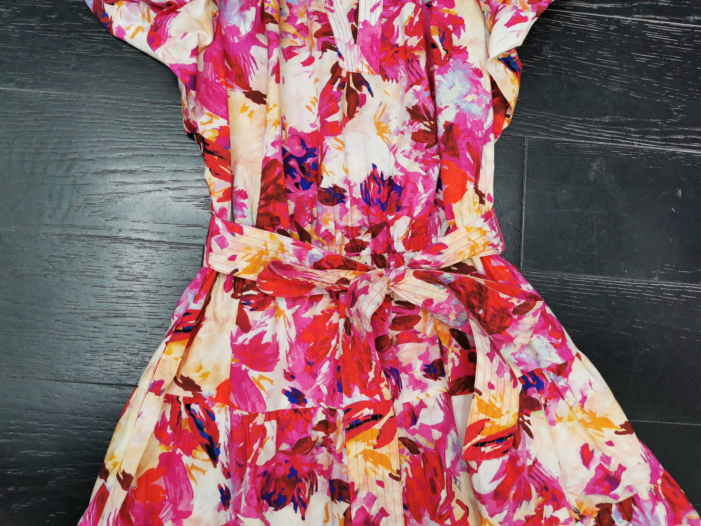 Ulla Johnson Midi Sleeve Short Puff Sleeve Pink Floral Print V-neck Holiday Style belted 2506076UJ