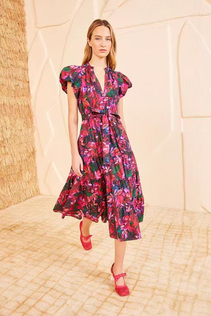 Ulla Johnson Summer Midi Dress Floral print rosa short puff sleeve belted waist v-neck 2506080UJ
