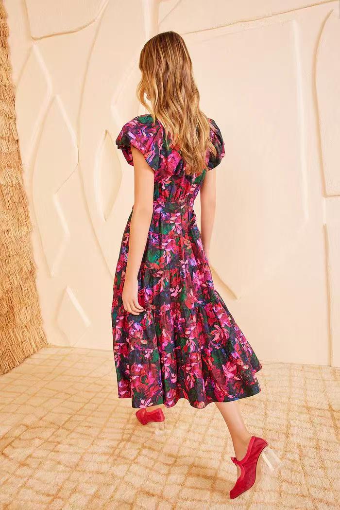Ulla Johnson Summer Midi Dress Floral print rosa short puff sleeve belted waist v-neck 2506080UJ