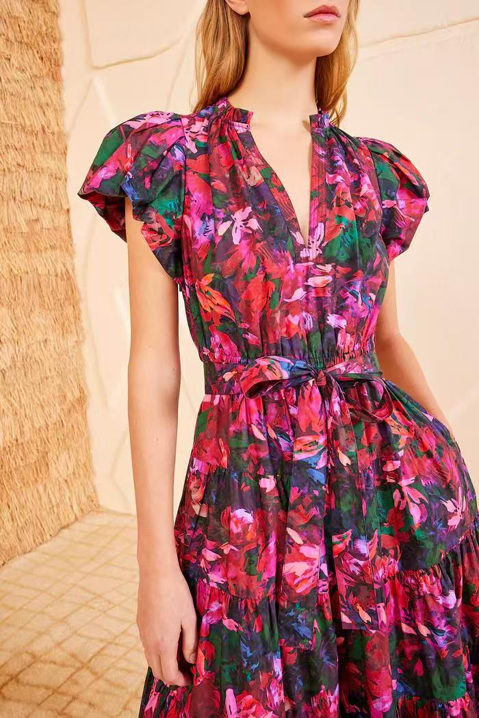 Ulla Johnson Summer Midi Dress Floral print rosa short puff sleeve belted waist v-neck 2506080UJ