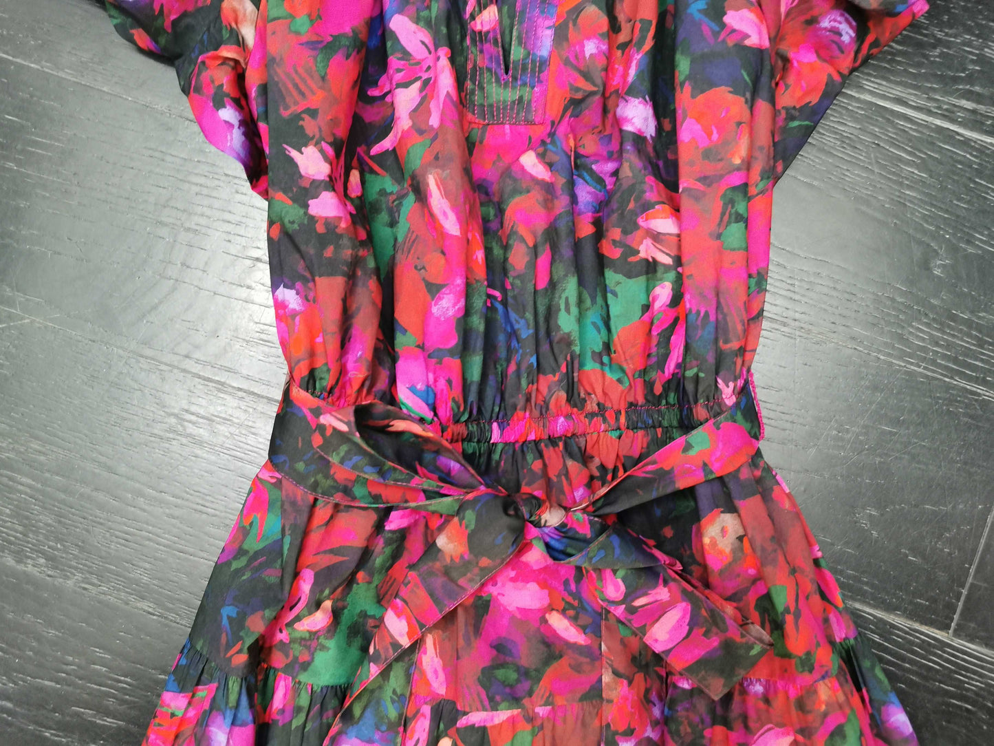 Ulla Johnson Summer Midi Dress Floral print rosa short puff sleeve belted waist v-neck 2506080UJ