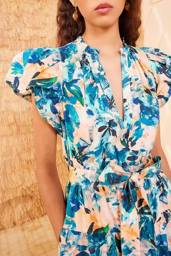 Ulla Johnson Midi Floral print dress short puff sleeve V-neck Belted waist blue 2506079UJ