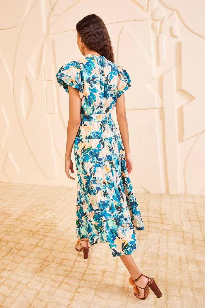 Ulla Johnson Midi Floral print dress short puff sleeve V-neck Belted waist blue 2506079UJ