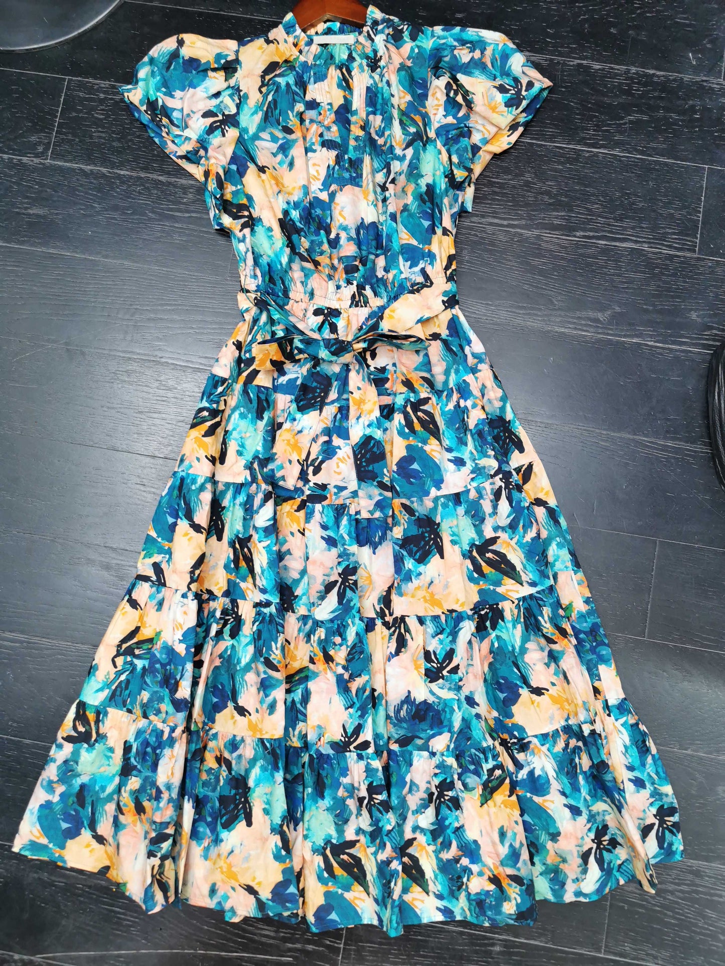Ulla Johnson Midi Floral print dress short puff sleeve V-neck Belted waist blue 2506079UJ