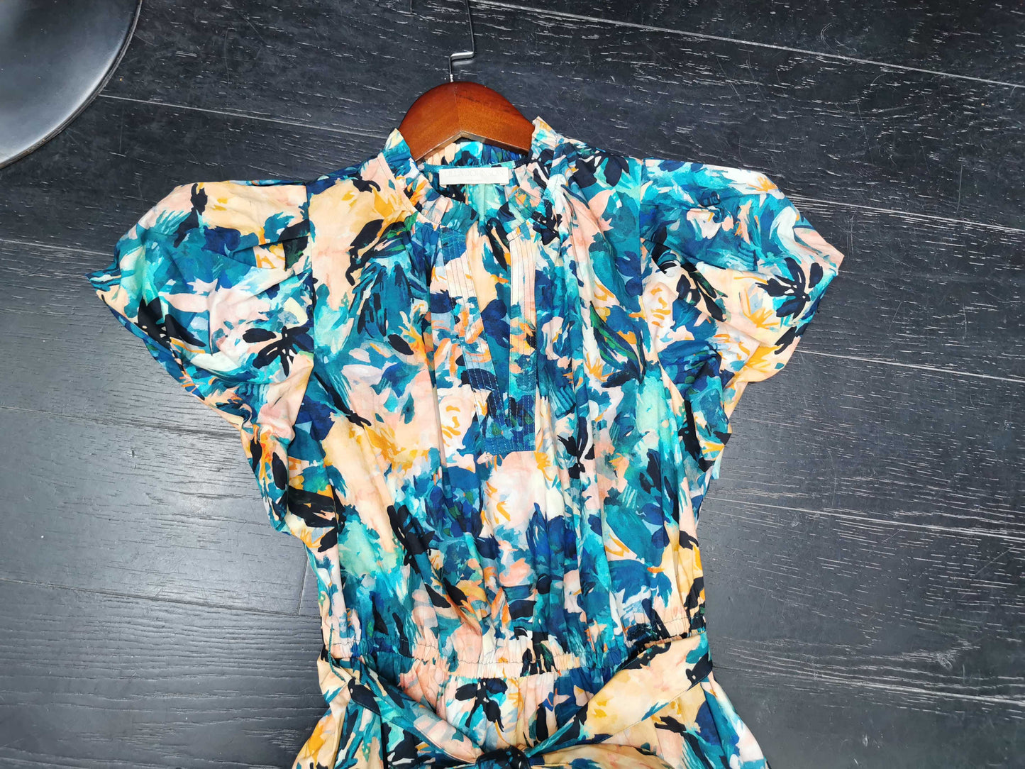 Ulla Johnson Midi Floral print dress short puff sleeve V-neck Belted waist blue 2506079UJ