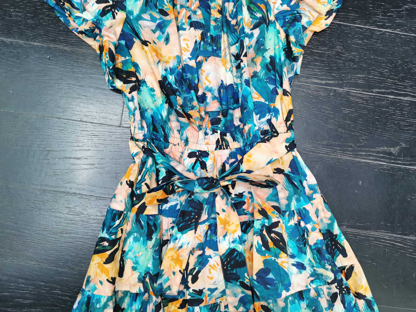 Ulla Johnson Midi Floral print dress short puff sleeve V-neck Belted waist blue 2506079UJ