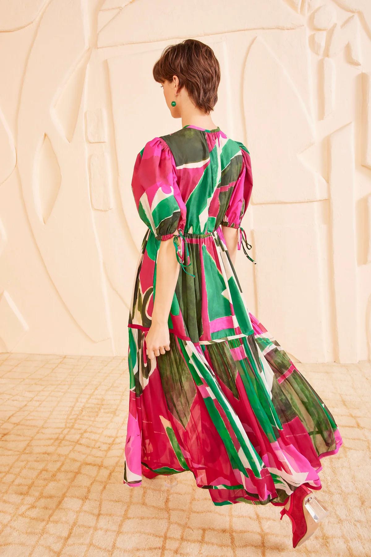 Ulla Johnson Silk Midi Dress Short Puff Sleeve Abstract prints Rosa Green back-zip 2506077UJ