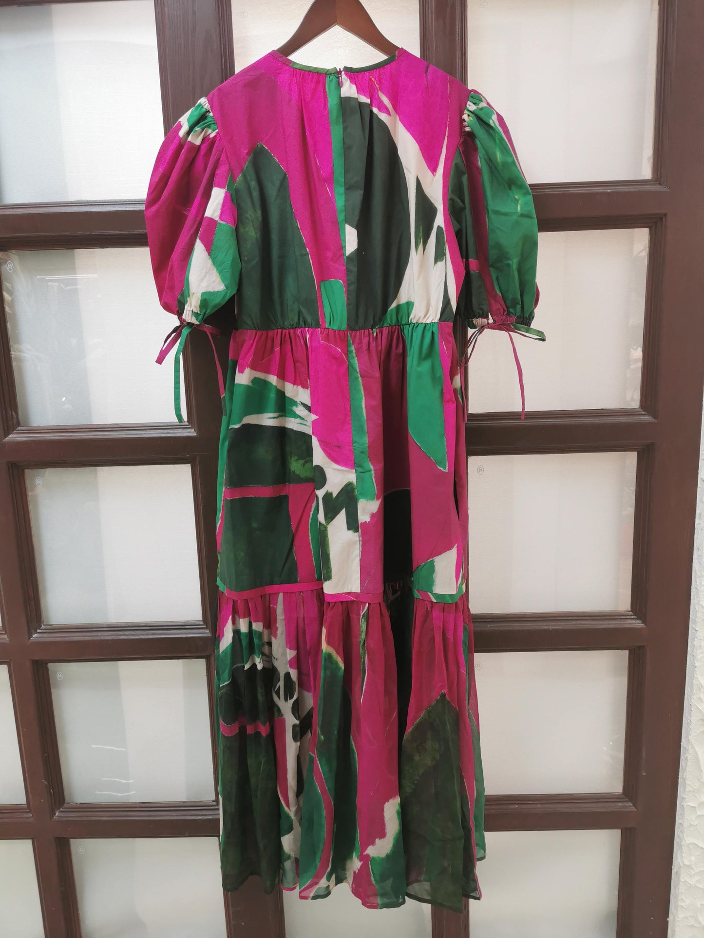 Ulla Johnson Silk Midi Dress Short Puff Sleeve Abstract prints Rosa Green back-zip 2506077UJ