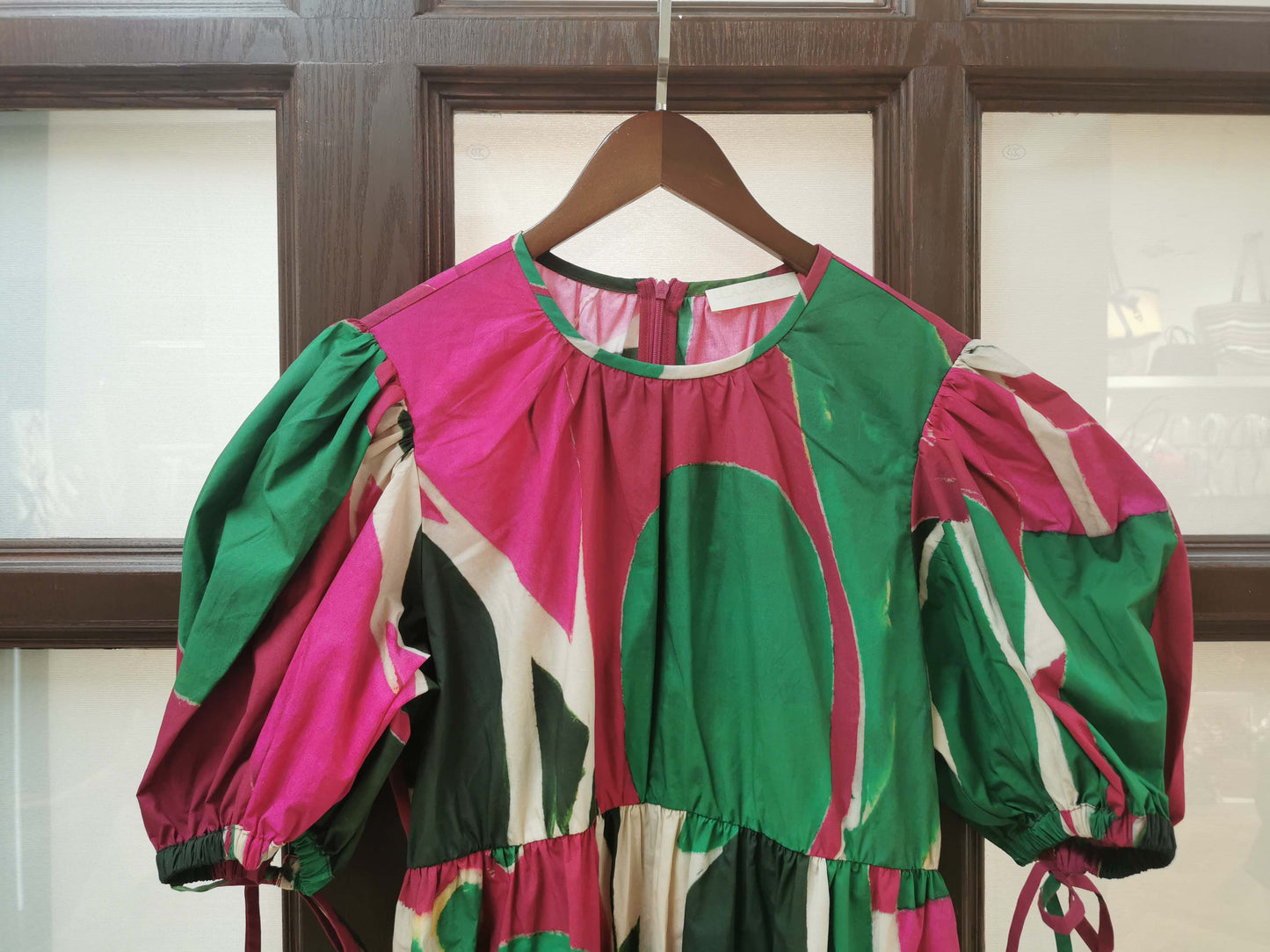 Ulla Johnson Silk Midi Dress Short Puff Sleeve Abstract prints Rosa Green back-zip 2506077UJ