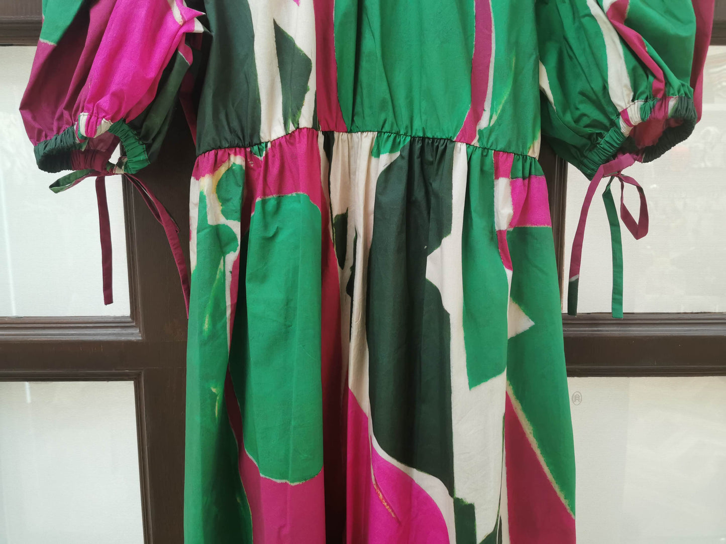Ulla Johnson Silk Midi Dress Short Puff Sleeve Abstract prints Rosa Green back-zip 2506077UJ