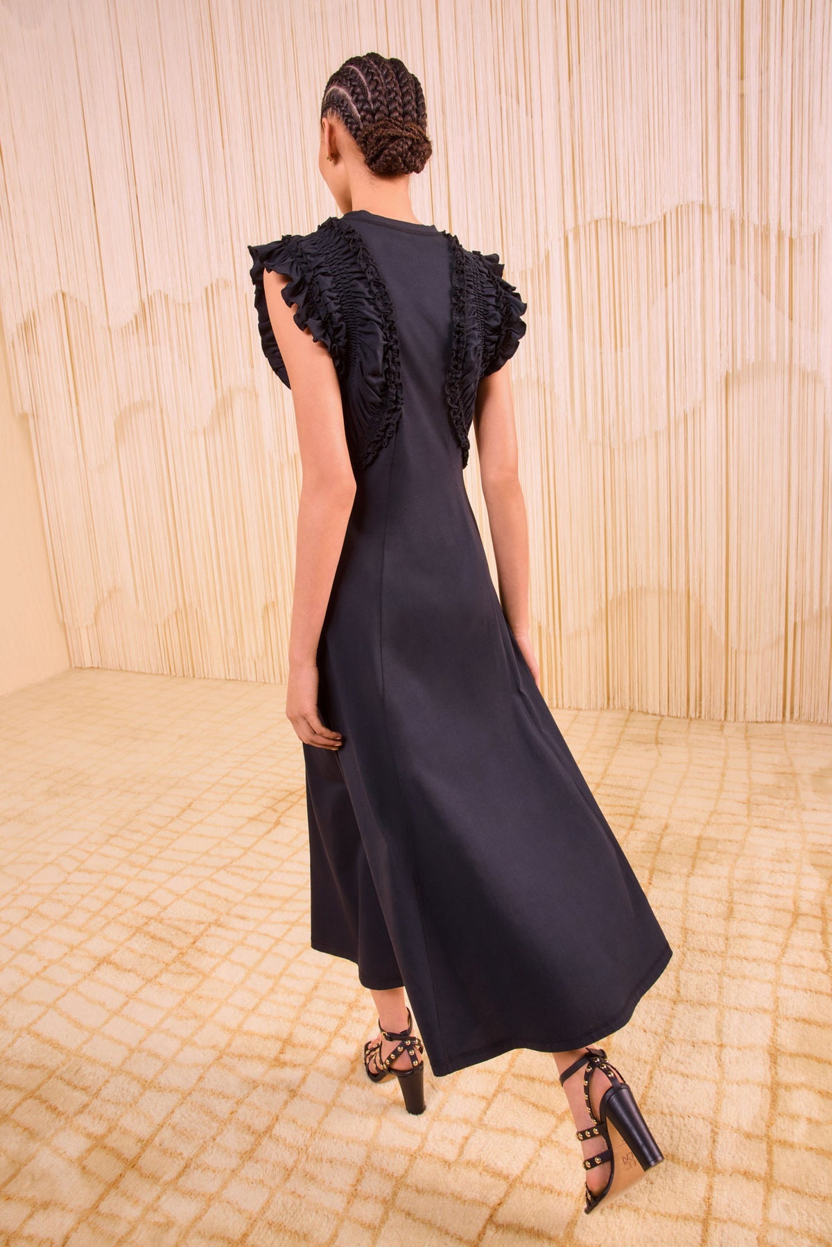 Ulla Johnson Shiva Midi Dress Summer black ruffled detailing sleeveless flared design Cotton 2506050UJ