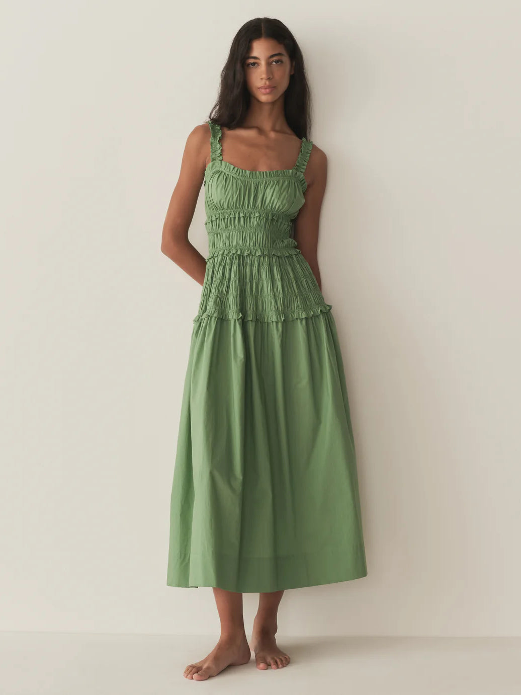 Doen Midi Dress Green Cotton Sleeveless Ruffels Elastic Summer Slash Neck Pleated 2506012Doen
