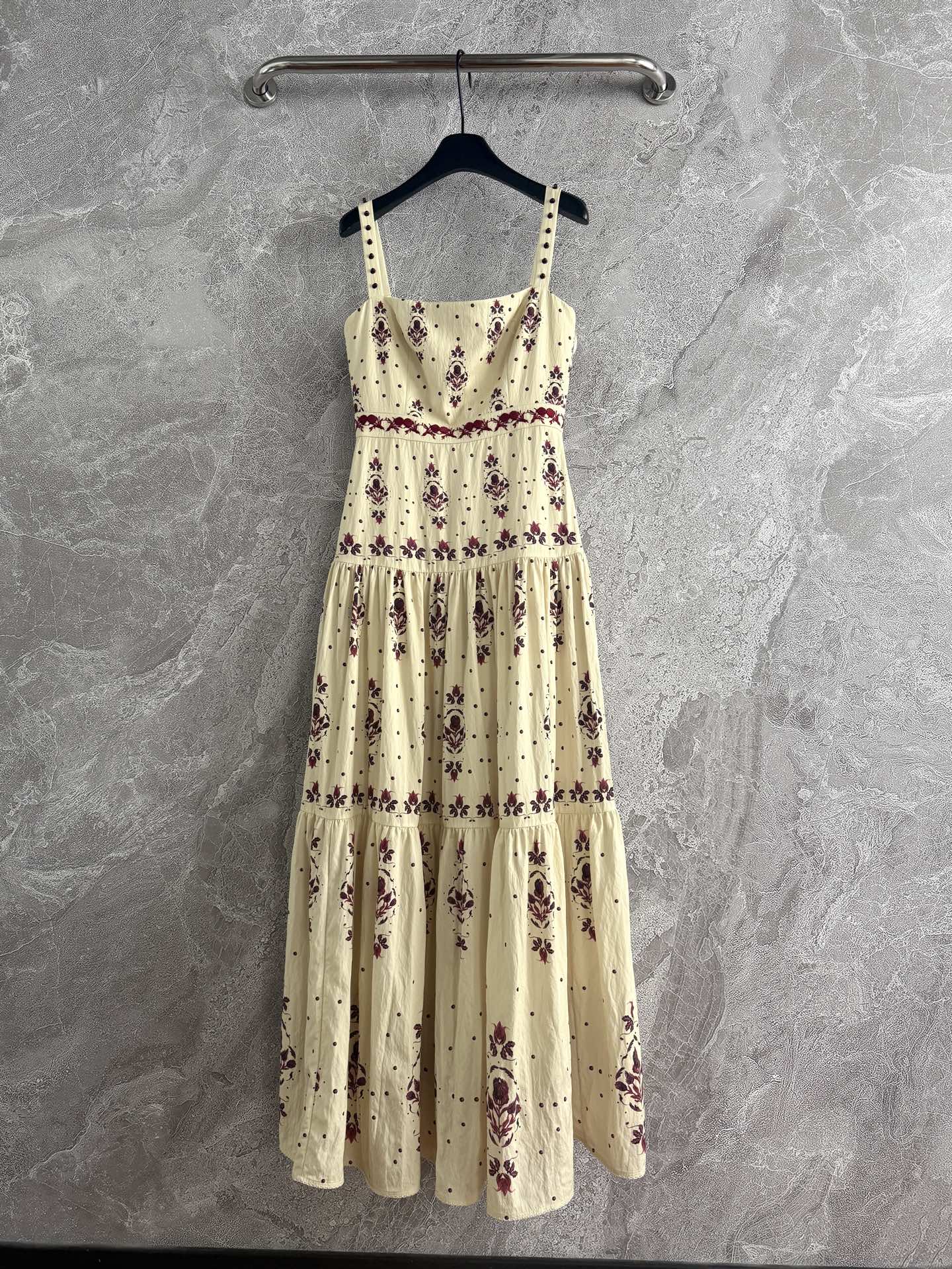 Agua Camisole Maxi Dress Beige Floral Print Embroidery Waist Rear-Zip VIscose Slash Neck 2508035Agua
