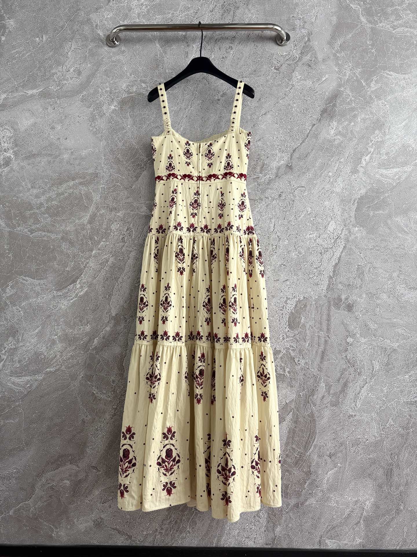 Agua Camisole Maxi Dress Beige Floral Print Embroidery Waist Rear-Zip VIscose Slash Neck 2508035Agua