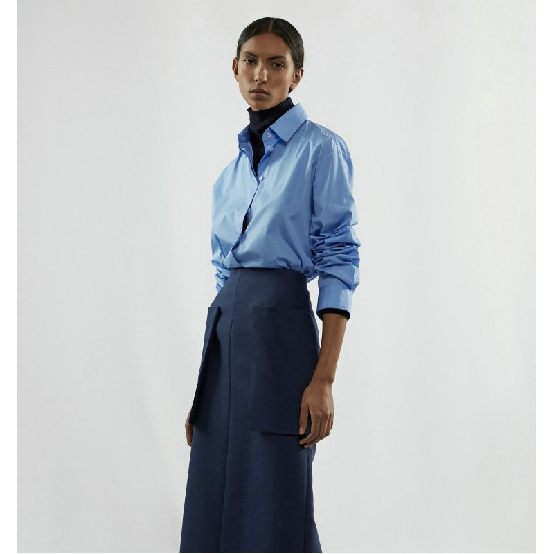 The Row Women Shirt Blouse Tops Solid Light Blue Long Sleeve Front Hide Button 2503024TR