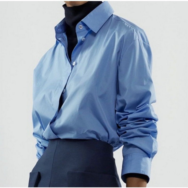 The Row Women Shirt Blouse Tops Solid Light Blue Long Sleeve Front Hide Button 2503024TR