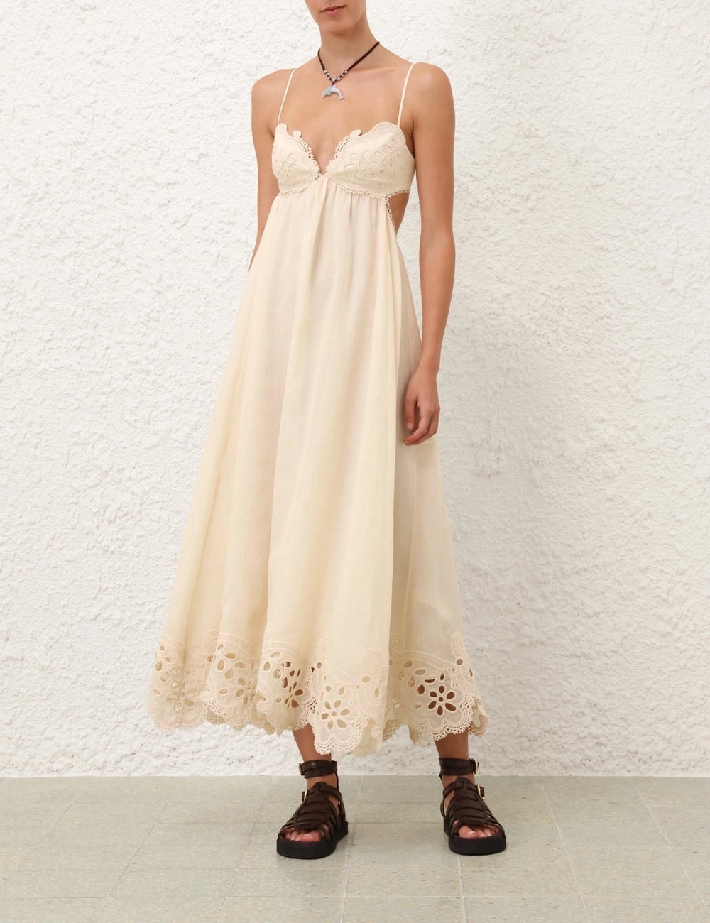 Zimmermann floral-embroidered midi dress beige spaghetti straps V-neck backless 2506022Zim