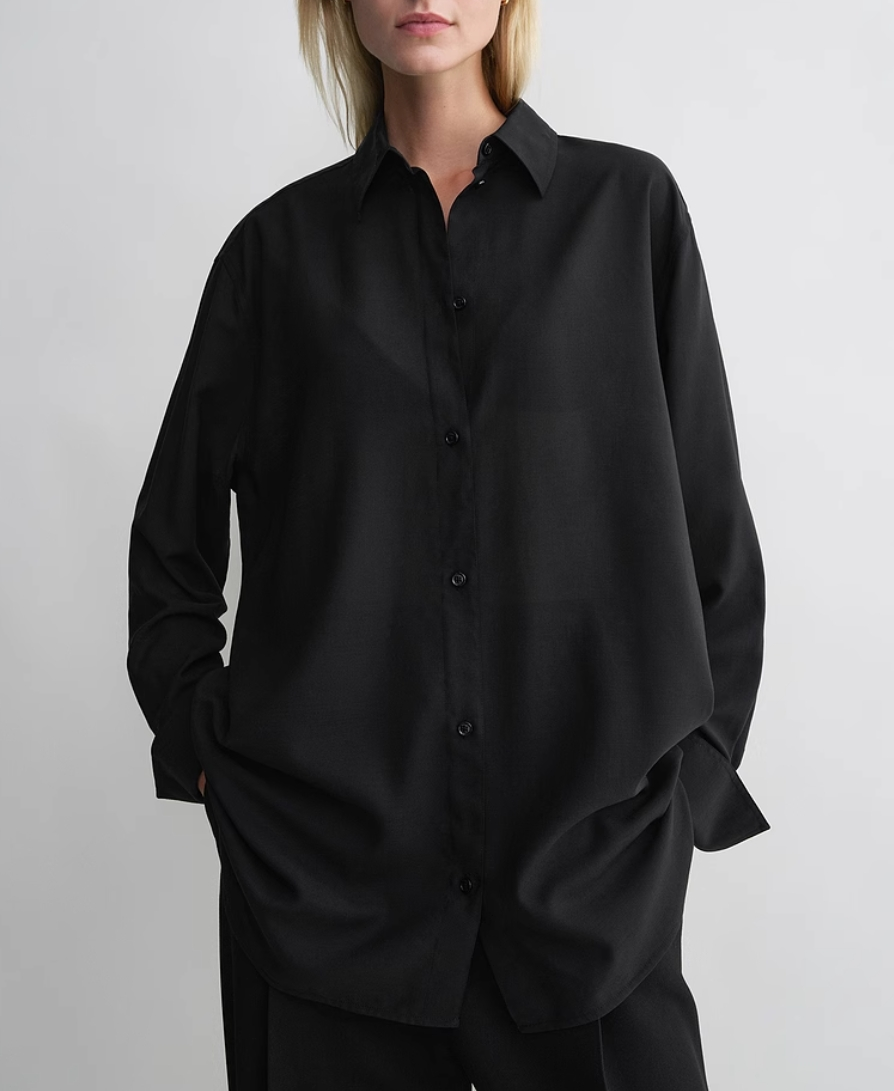 2502001TT Toteme Women Shirt Tops Wool Blended Solid Color Long Sleeve Oversize Black Brown Khaki Front Button