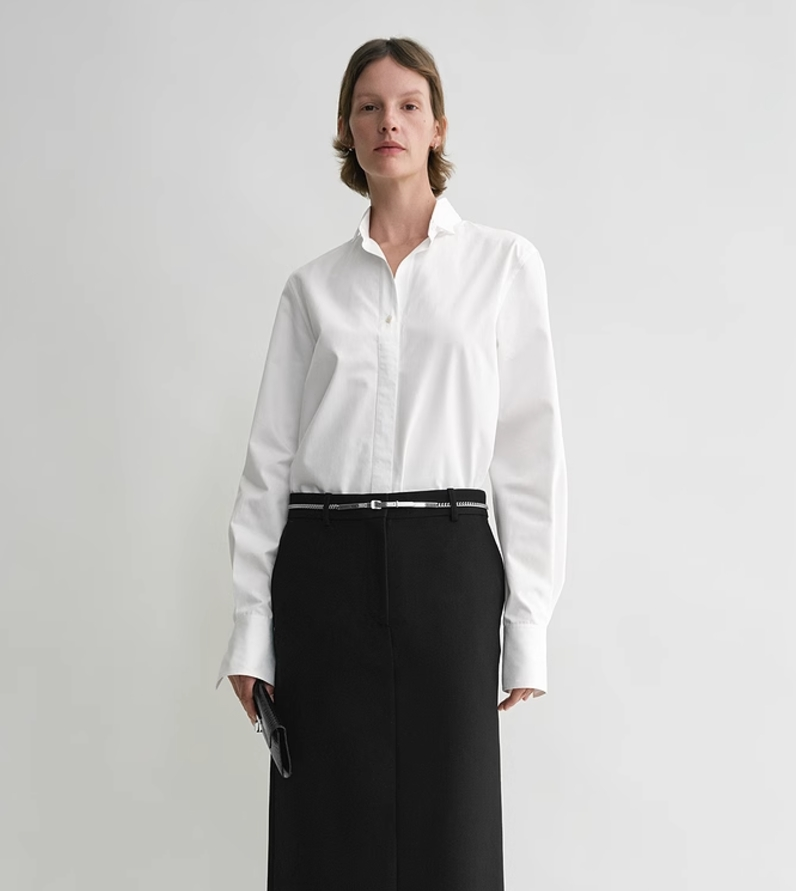 2412067TT Toteme Women Shirt Blouse White Cotton Long Sleeve Point-Collar Hide Button Oversize Long Length