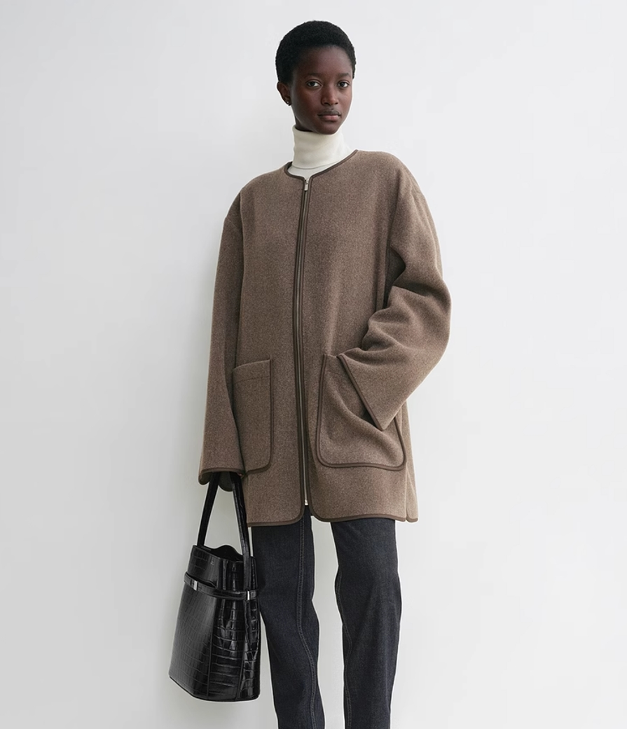 2501038TT Toteme Winter Jacket Women Wool Brown Black Round-Neck Full Sleeve Pockets Oversize