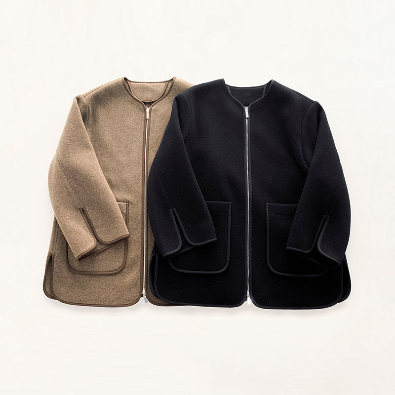 2501038TT Toteme Winter Jacket Women Wool Brown Black Round-Neck Full Sleeve Pockets Oversize