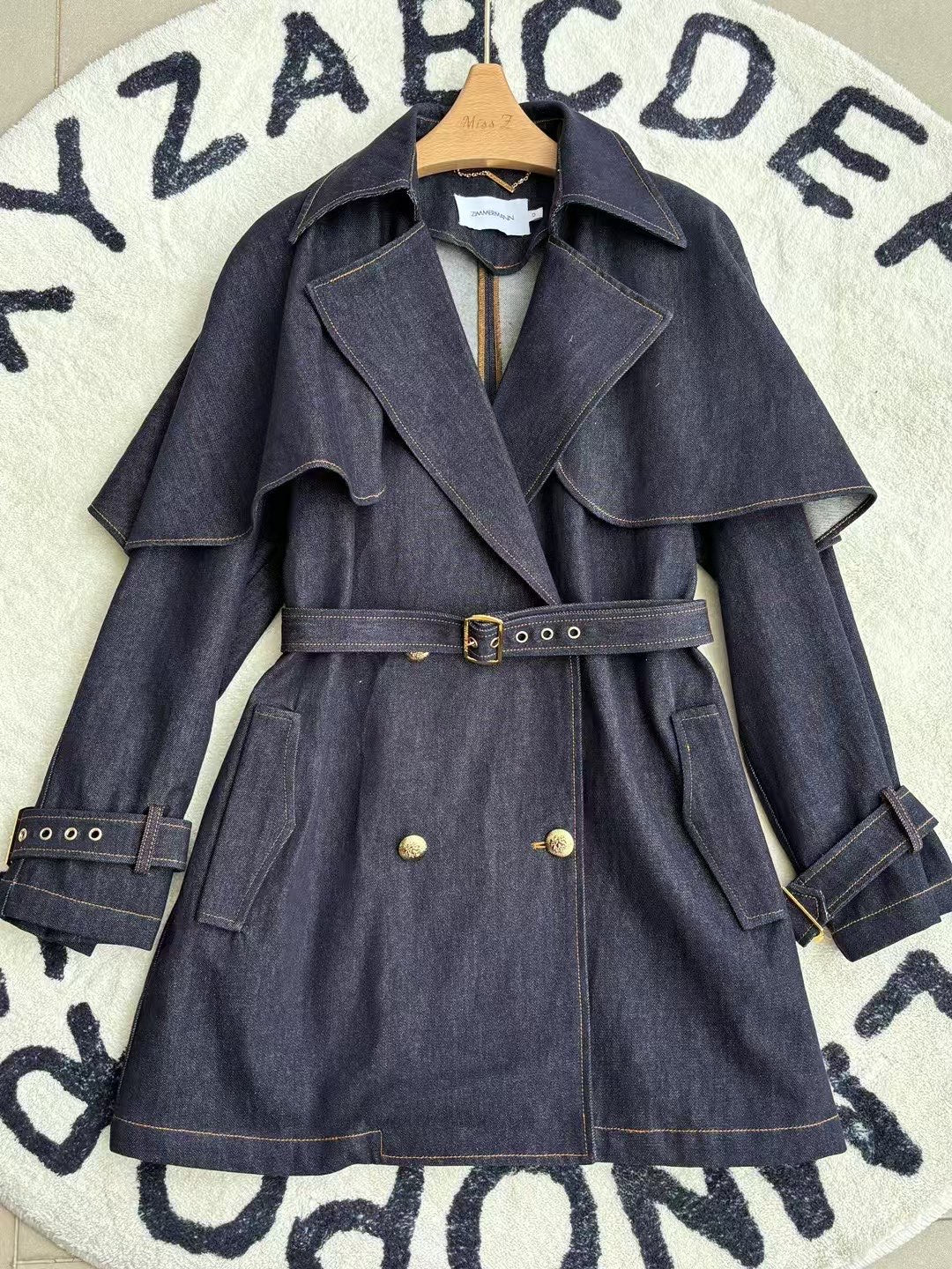 Zimmermann Women Denim Jacket Coat Cotton Dark Blue Belted Oversize Long Sleeve 2501013Zim