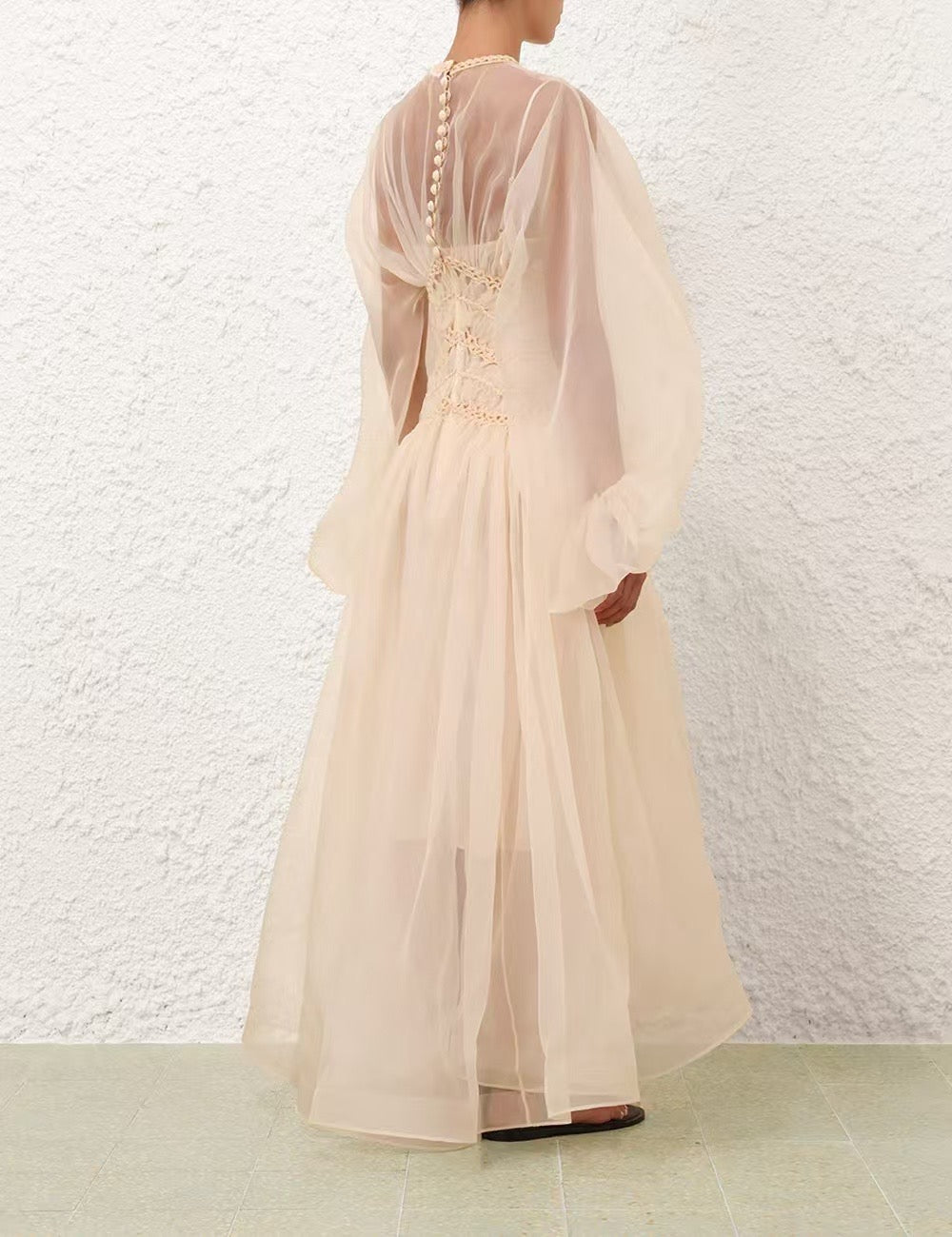 Zimmermann Illuminate gown maxi dress blush beige rear button slip dress silk long puff sleeves 2506019Zim
