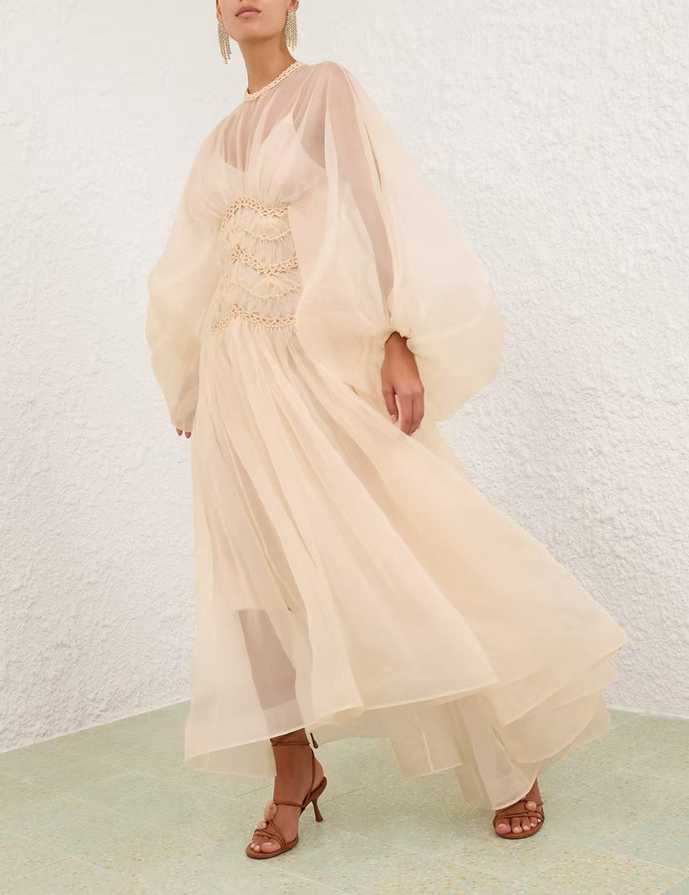 Zimmermann Illuminate gown maxi dress blush beige rear button slip dress silk long puff sleeves 2506019Zim