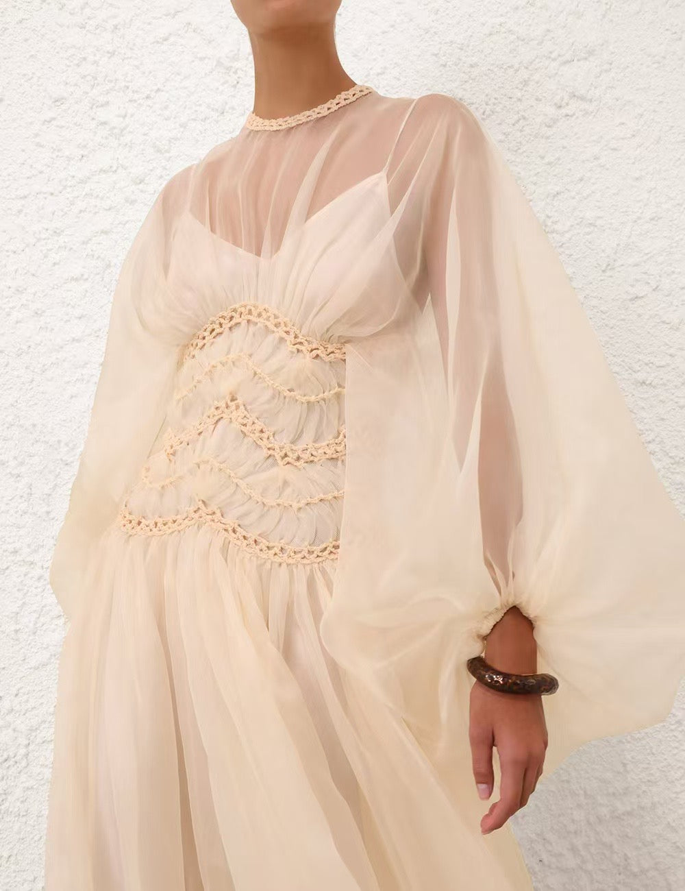 Zimmermann Illuminate gown maxi dress blush beige rear button slip dress silk long puff sleeves 2506019Zim
