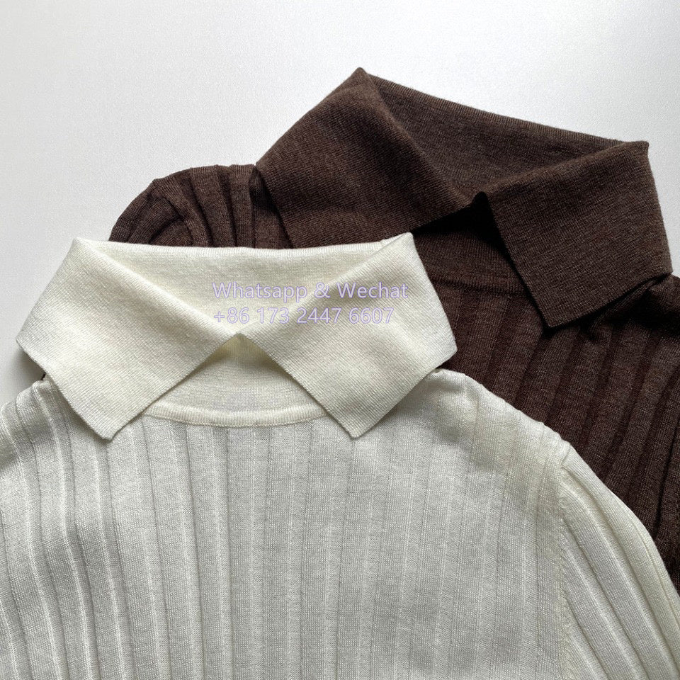 2210017TT Toteme Bottomning Shirt Wool Blended Sweater Pullover Trundown Collar Rib-Knitted Long Sleeve Brown Beige