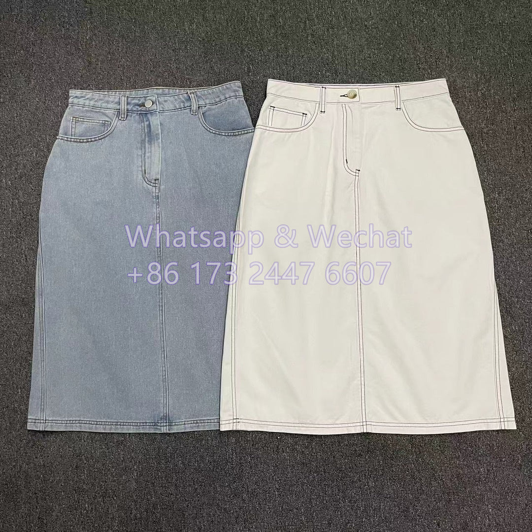 Toteme cotton denim midi skirt light blue white washed denim classic five pockets front button and zip 2412101TT
