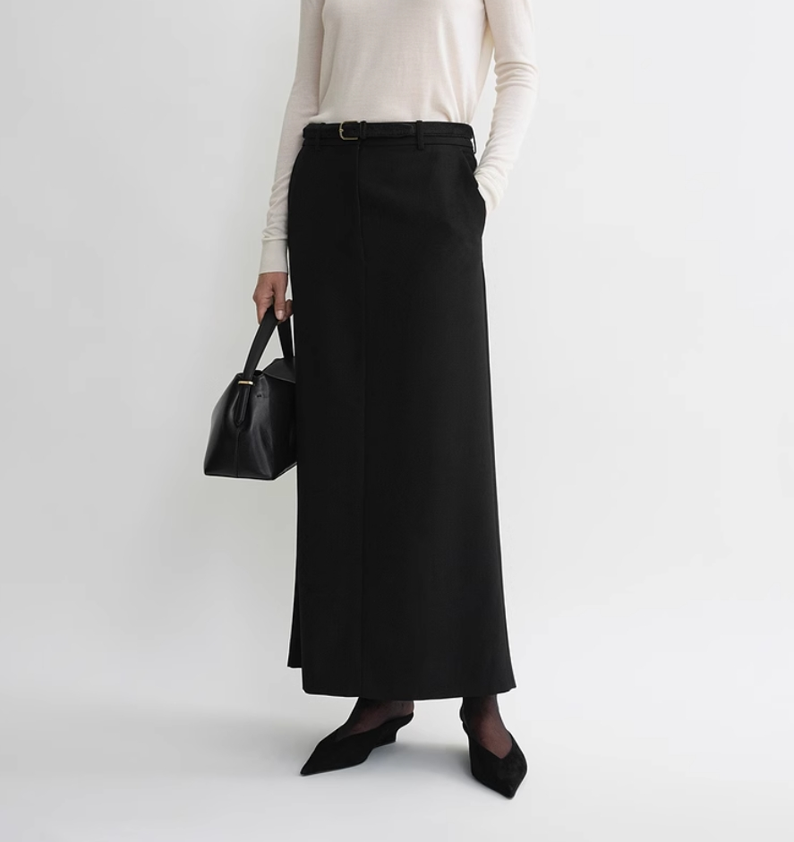 2412031TT Toteme Midi Pencil Skirt Wool Blended Black Casual High Waist Pocket Zipper Back-Slit