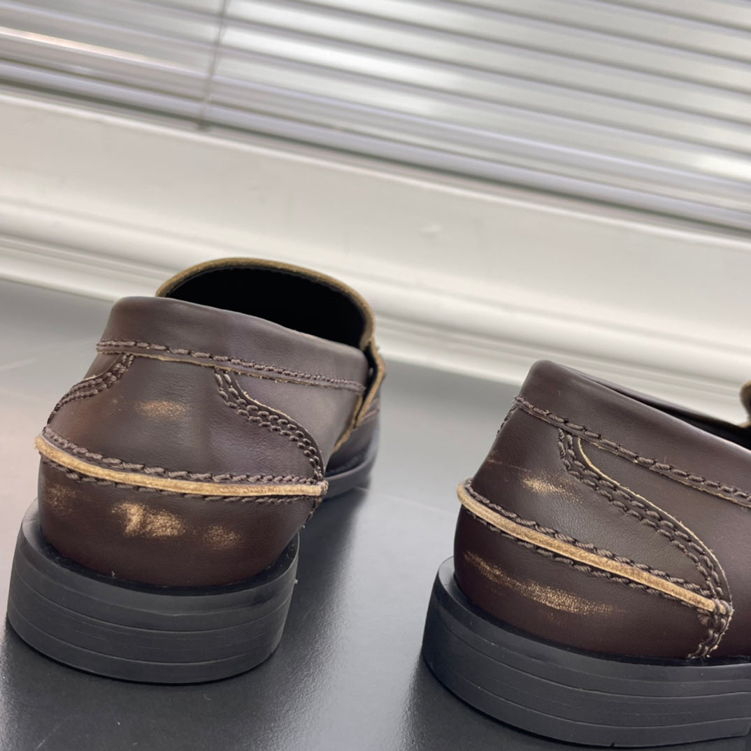 2502005MIU Miu leather penny loafers rubbing-brown khaki low heels round toe flat rubber sole