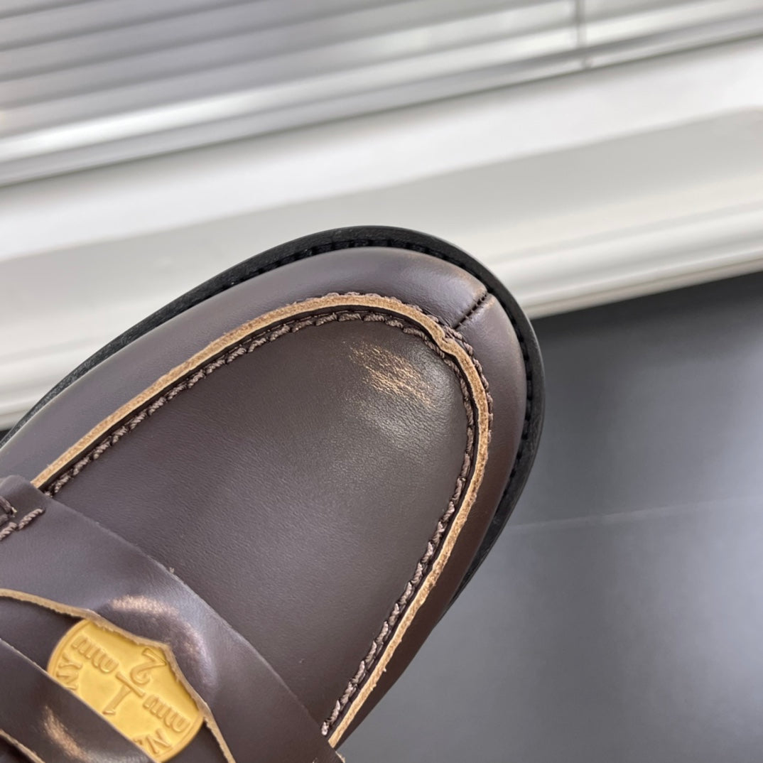 2502005MIU Miu leather penny loafers rubbing-brown khaki low heels round toe flat rubber sole