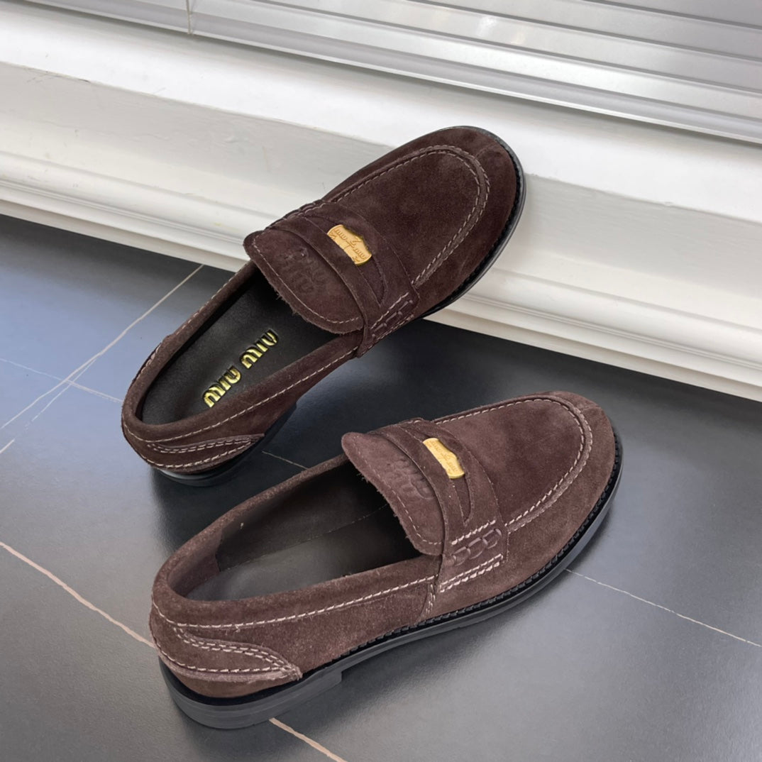 2502004MIU Miu leather penny loafers black suede-brown low heels round toe flat rubber sole