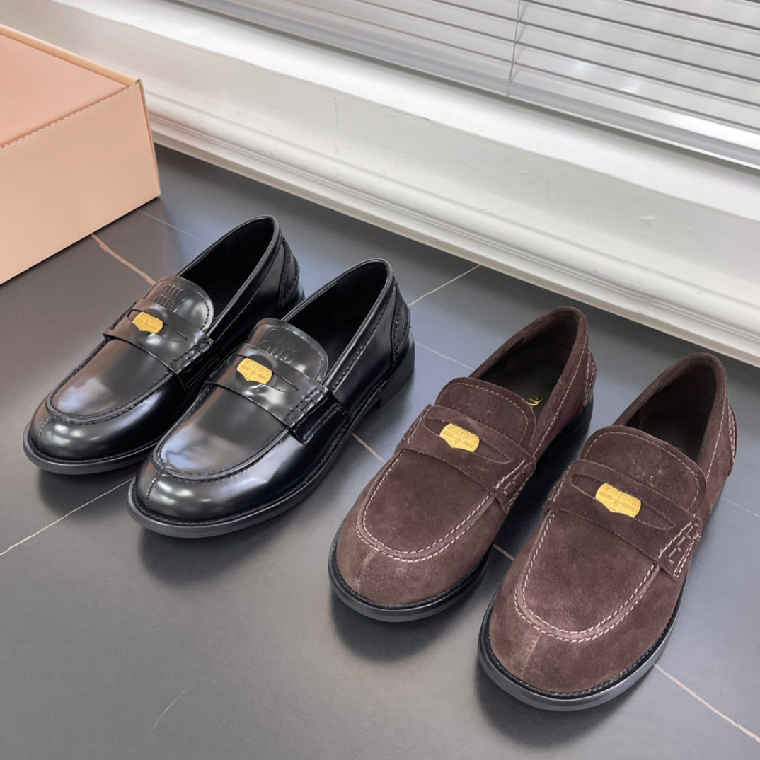 2502004MIU Miu leather penny loafers black suede-brown low heels round toe flat rubber sole