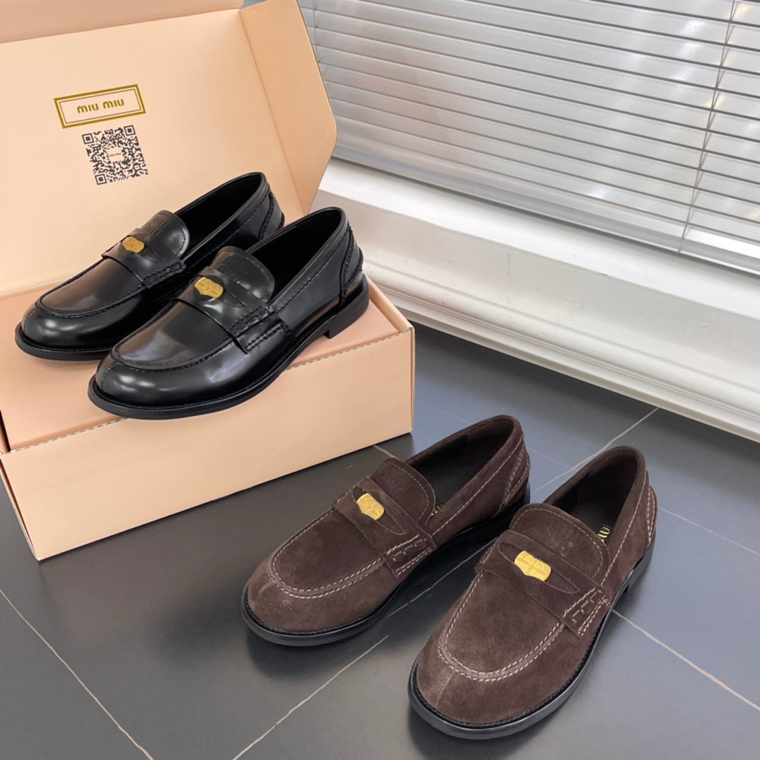 2502004MIU Miu leather penny loafers black suede-brown low heels round toe flat rubber sole