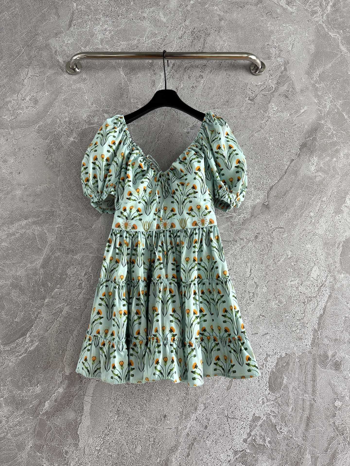 Agua Mini Dress cotton light green rear zip floral print embroidery waist V-neck short puff sleeves 2504109Agu