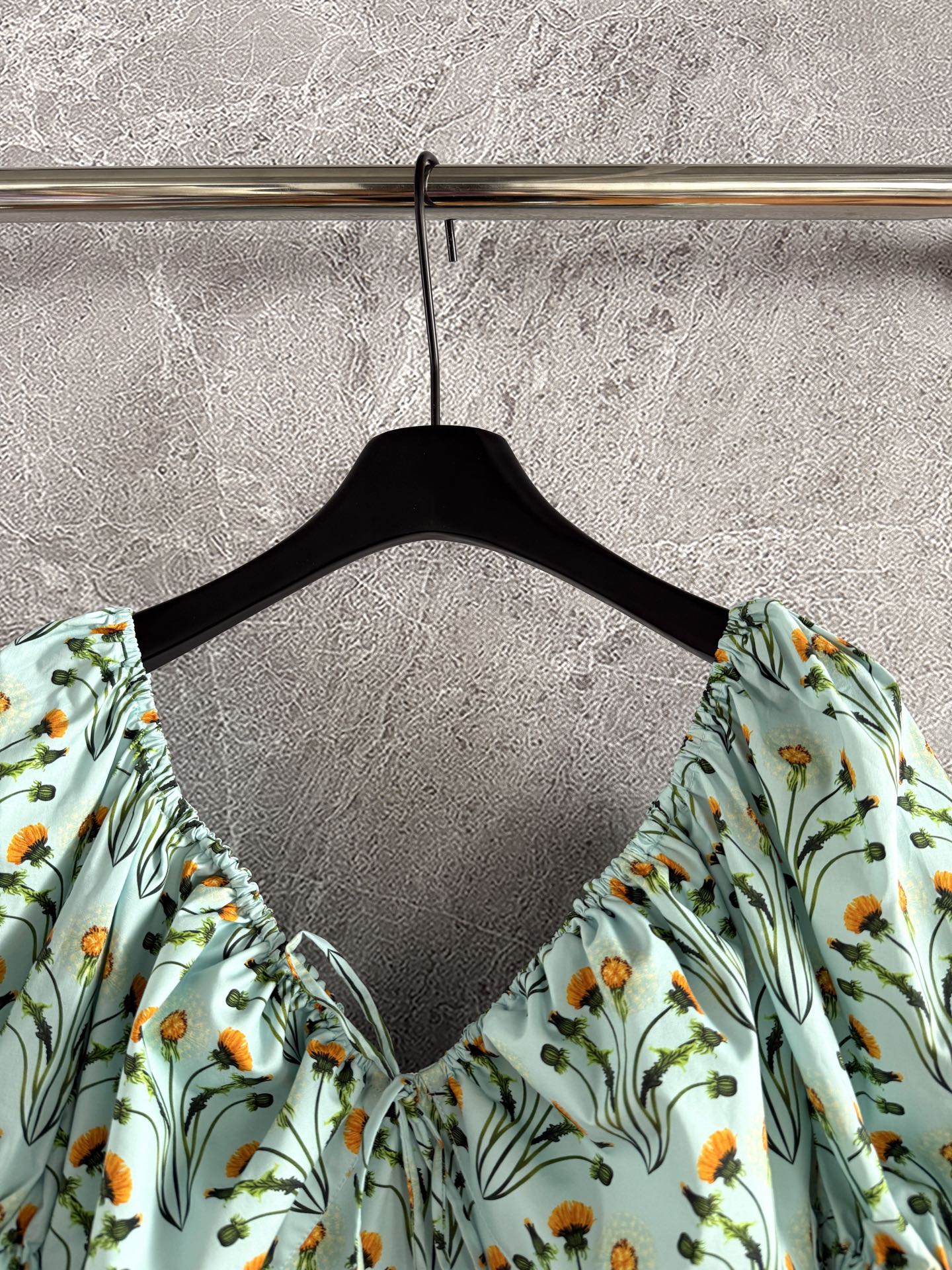 Agua Mini Dress cotton light green rear zip floral print embroidery waist V-neck short puff sleeves 2504109Agu