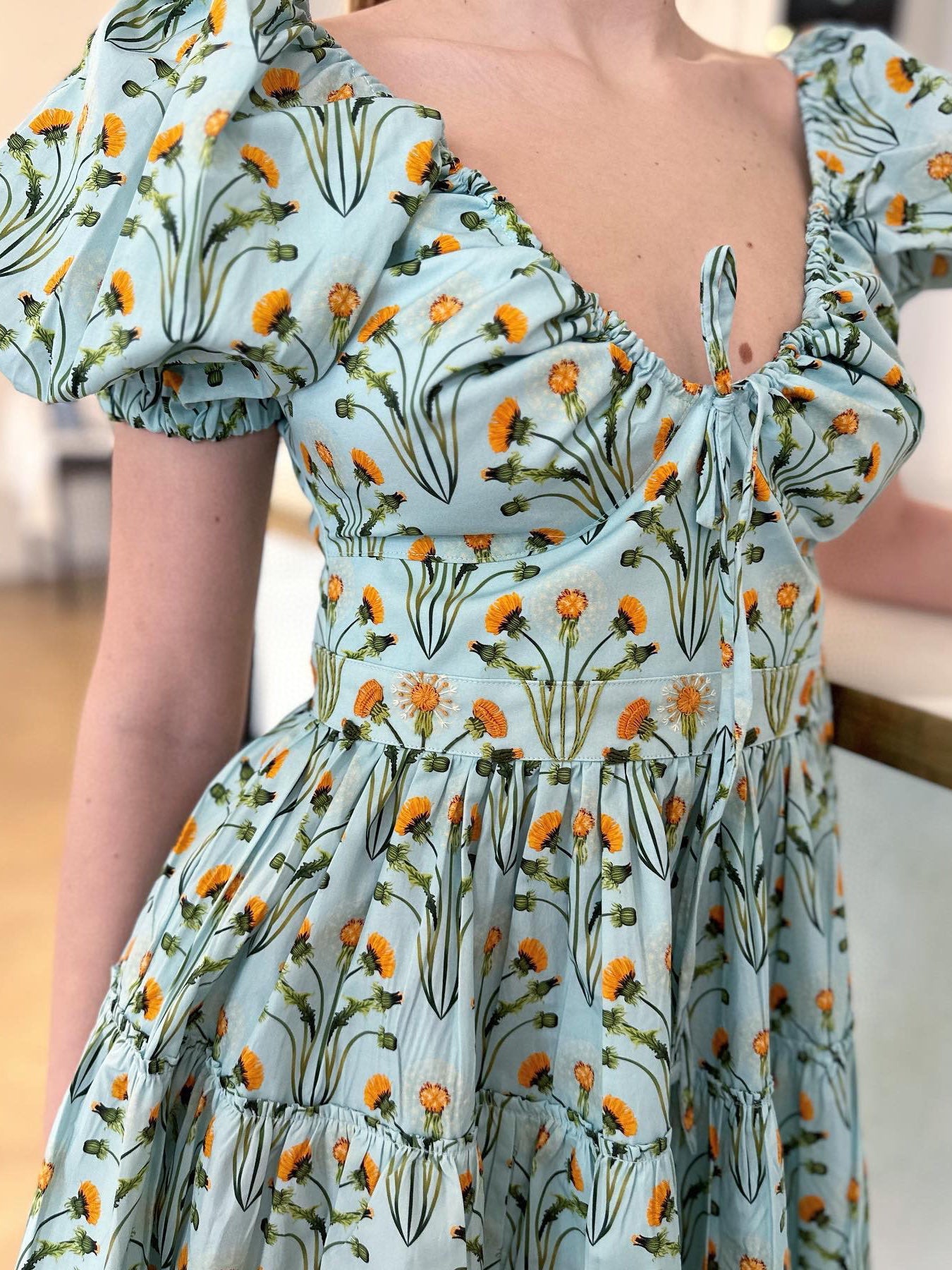 Agua Mini Dress cotton light green rear zip floral print embroidery waist V-neck short puff sleeves 2504109Agu