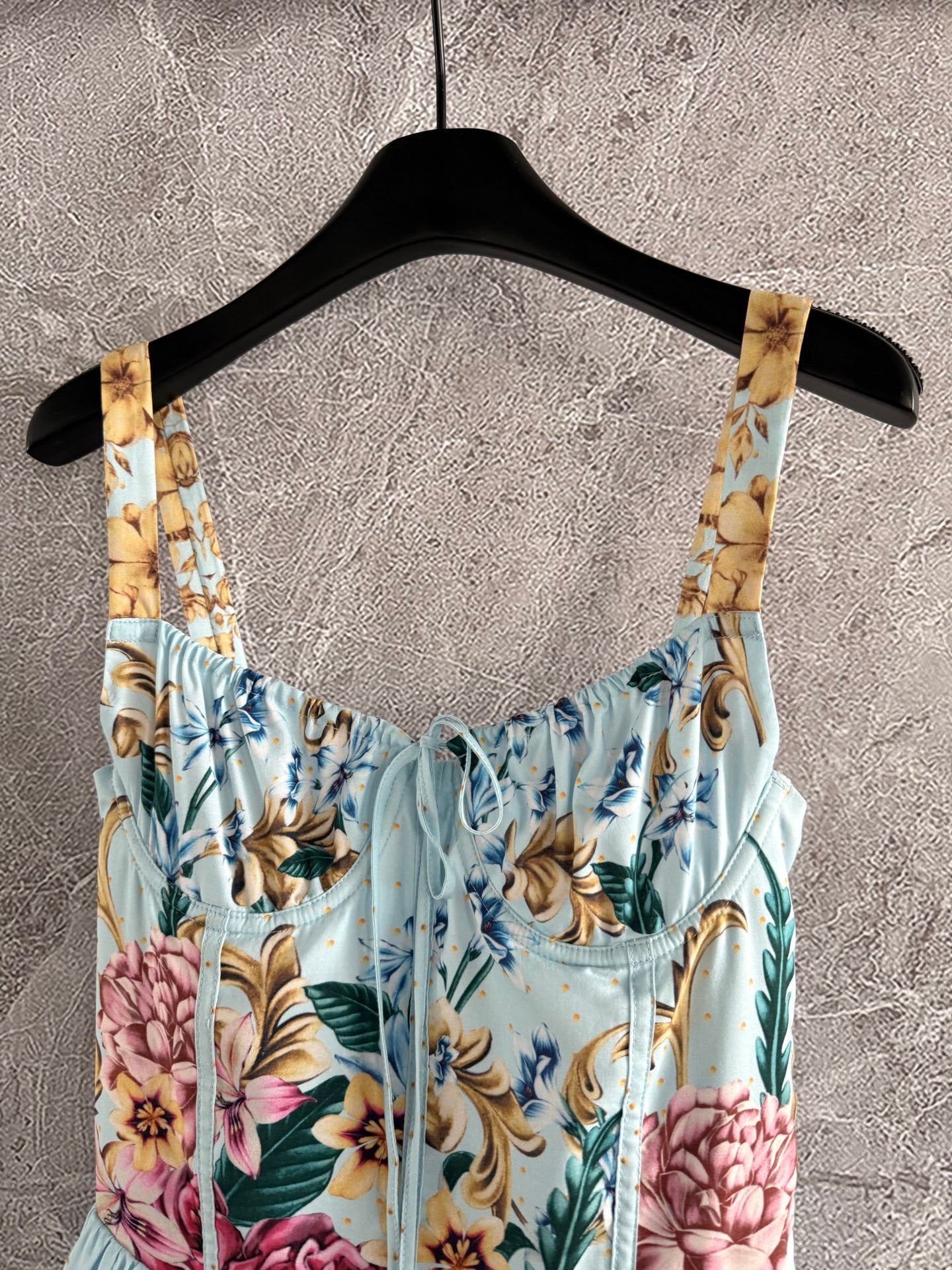 Agua mini dress blue floral print cotton sleeveless drawstring adjustable bust high waist side-zip 2504113Agu