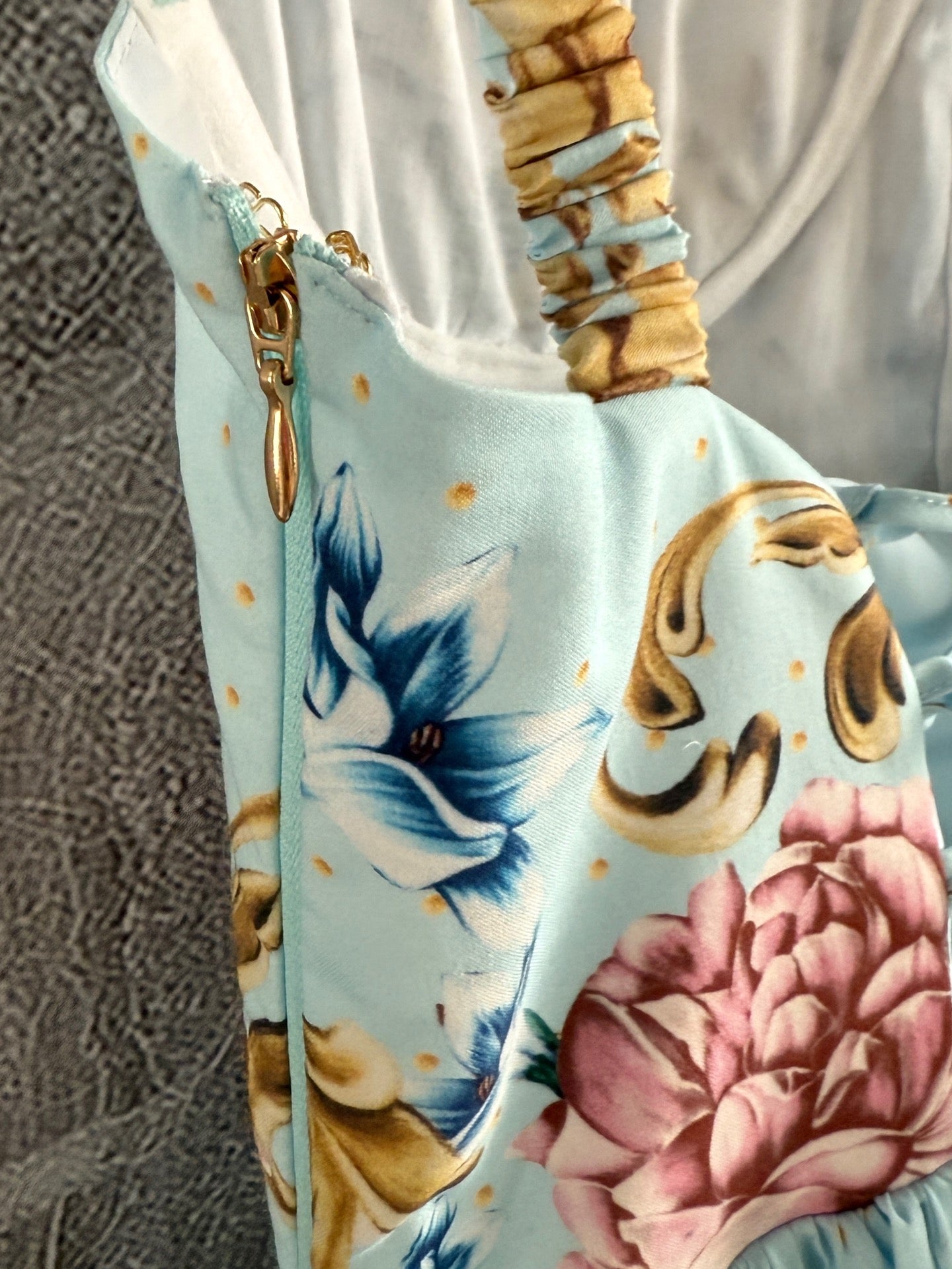 Agua mini dress blue floral print cotton sleeveless drawstring adjustable bust high waist side-zip 2504113Agu