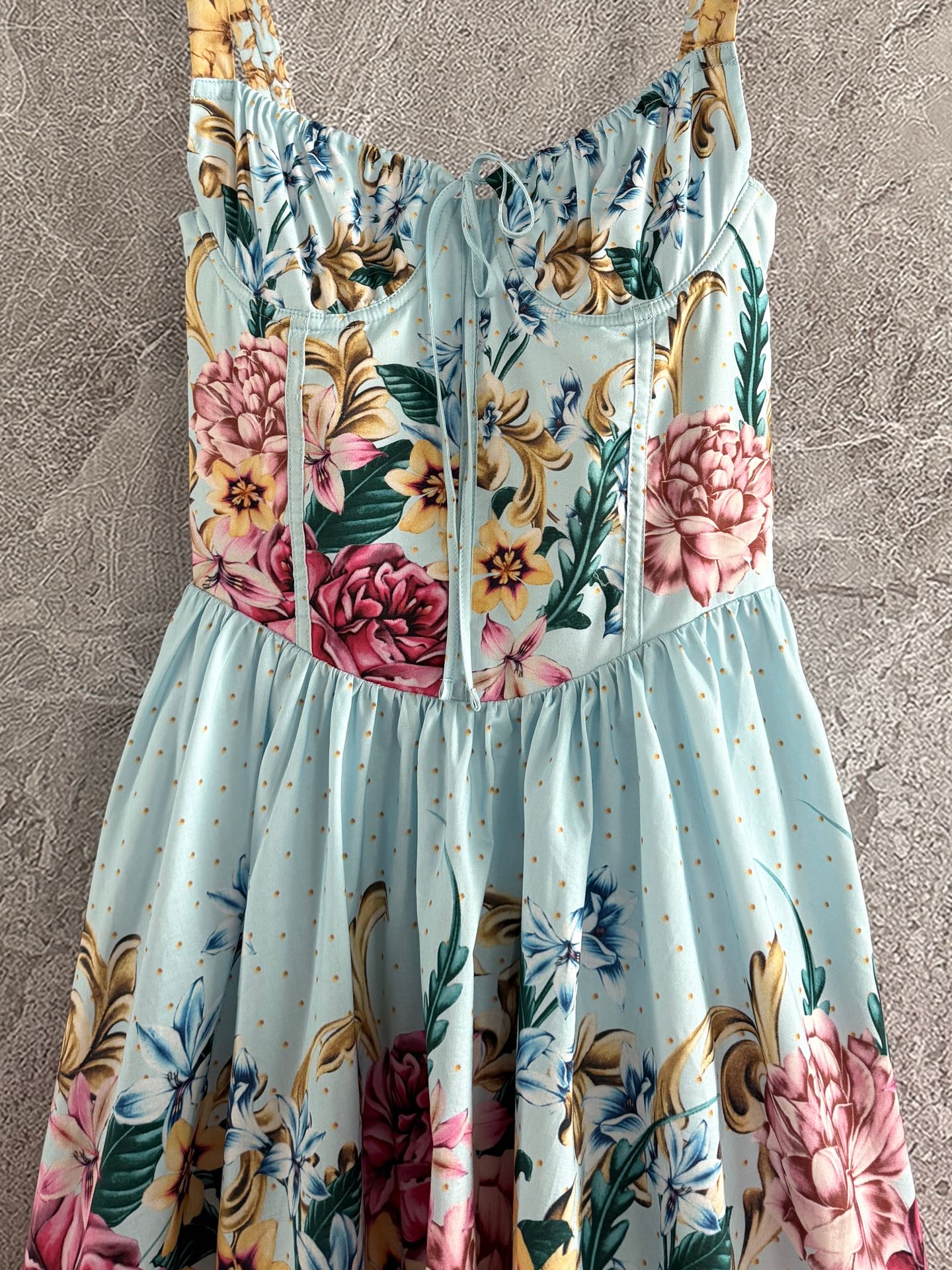 Agua mini dress blue floral print cotton sleeveless drawstring adjustable bust high waist side-zip 2504113Agu
