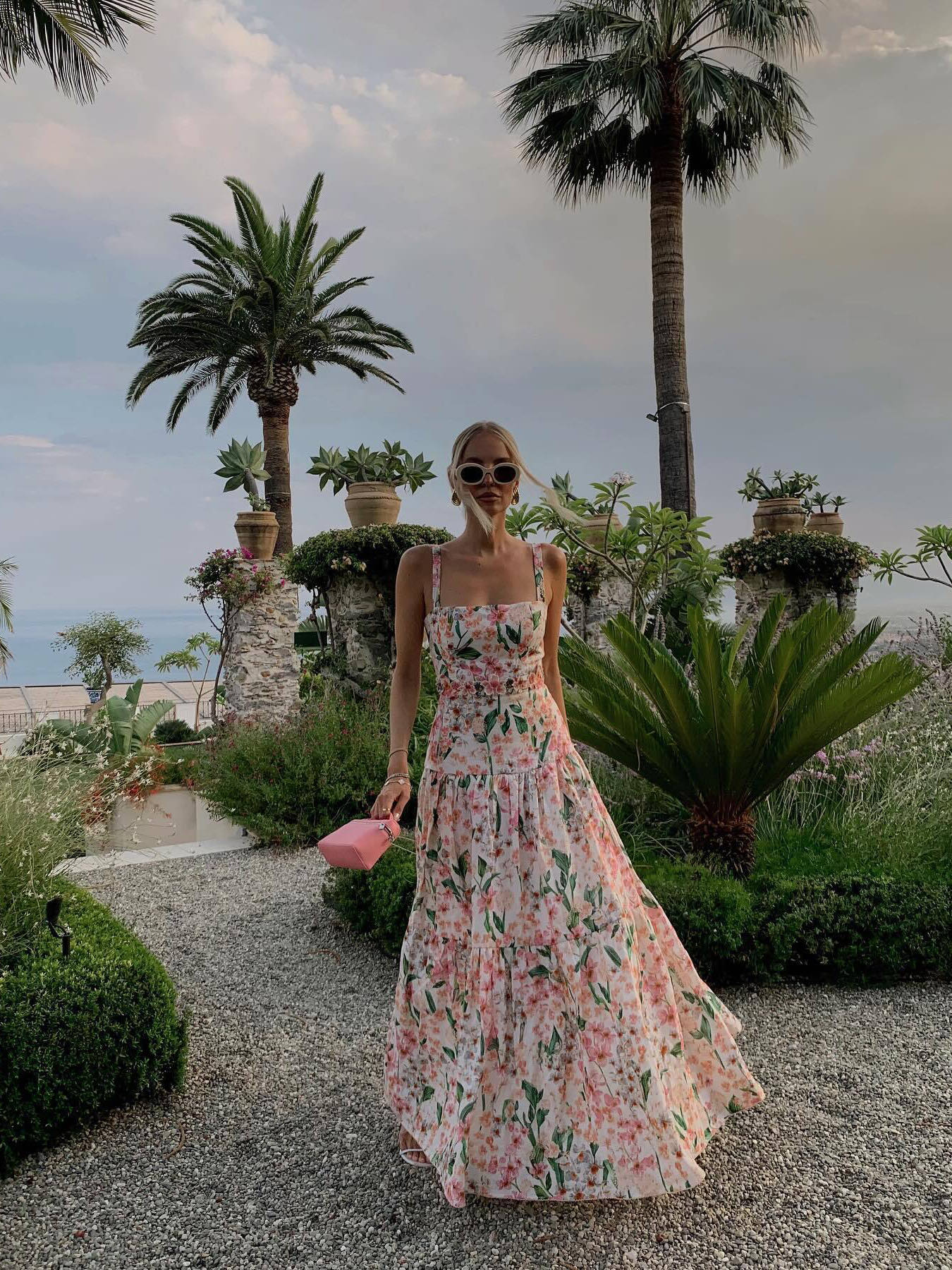 Agua sleeveless maxi dress pink floral print ruffles embroidery waist back-zip elastict strape 2504110Agu