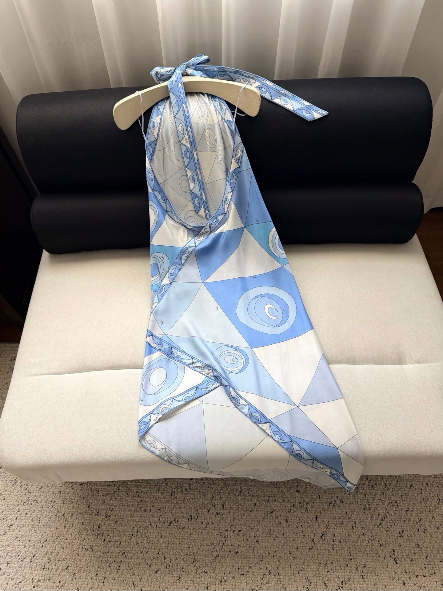 Luxury 100% Silk Halter Neck Dress Blue Retro Geometric Print Women Vacation Midi Dress 2608052Pucci