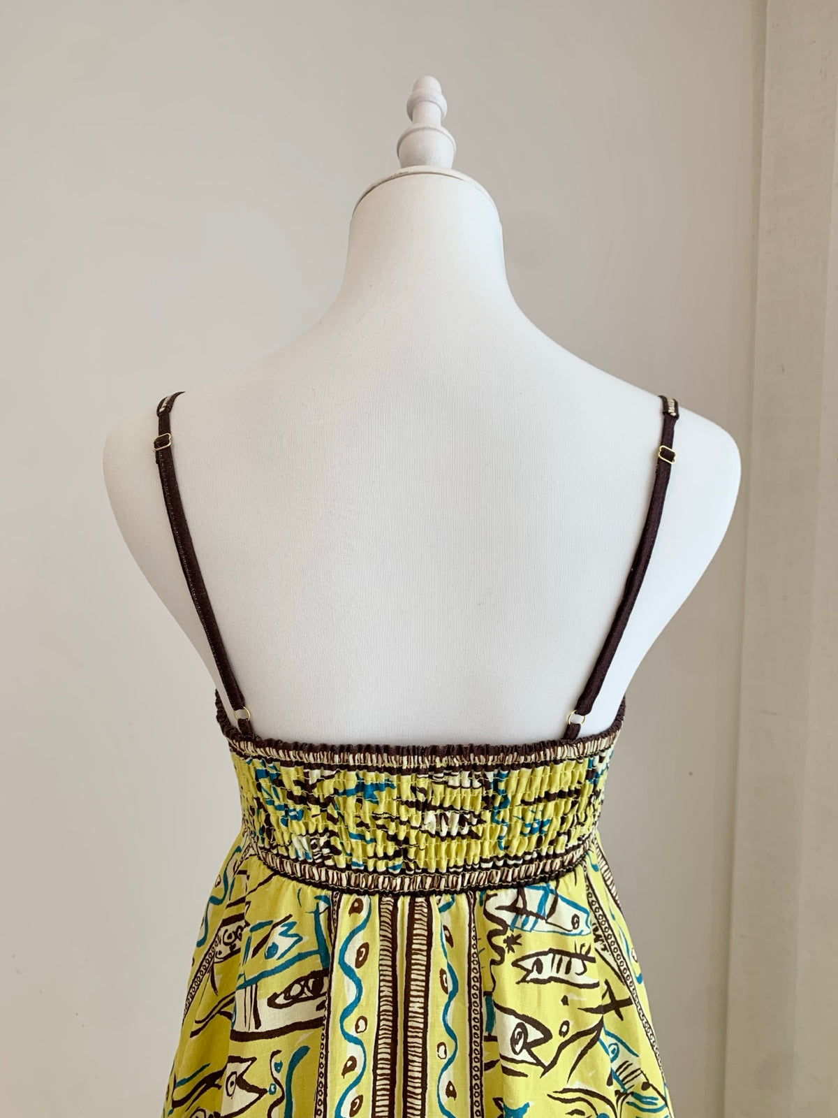 Alemais Yellow Abstract Sea Print Spaghetti Strap Maxi Dress Soft Linen Vacation Attire 2609025AL