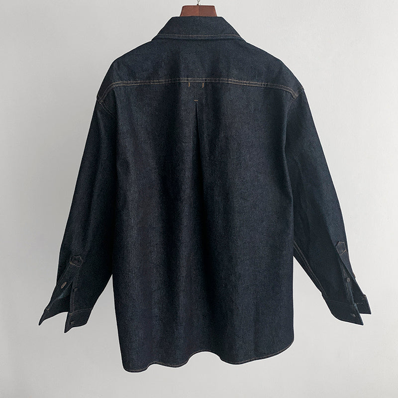 Toteme Women Oversized Dark Raw Denim Shirt 100% Cotton Relaxed Long Sleeve Blouse 2609082TT