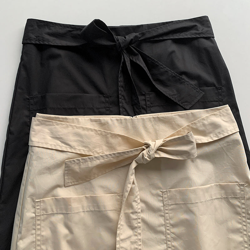 Toteme Tie-waist cotton skirt Patch pockets back zipper beige black solid color ankle length straigh hem