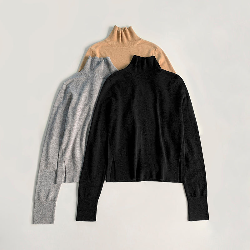 2411040TT Toteme Turtleneck Bottoming Shirt Winter Pullover Solid Collar Long Sleeve Wool Blended Knitted Side-Slit